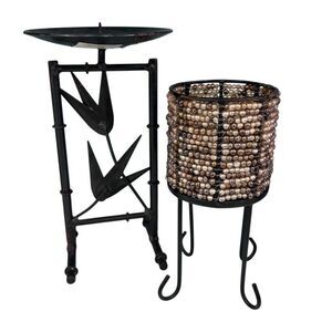 Lot Of 2 Vtg Metal Bamboo Inspired & Beaded Footed Candle Holders Black Brown OS
